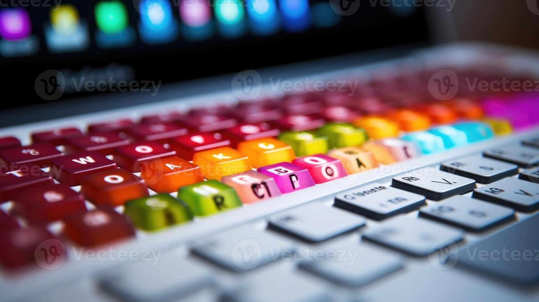 Extreme closeup of a keyboard with colorful stickers depicting online safety tips. photo