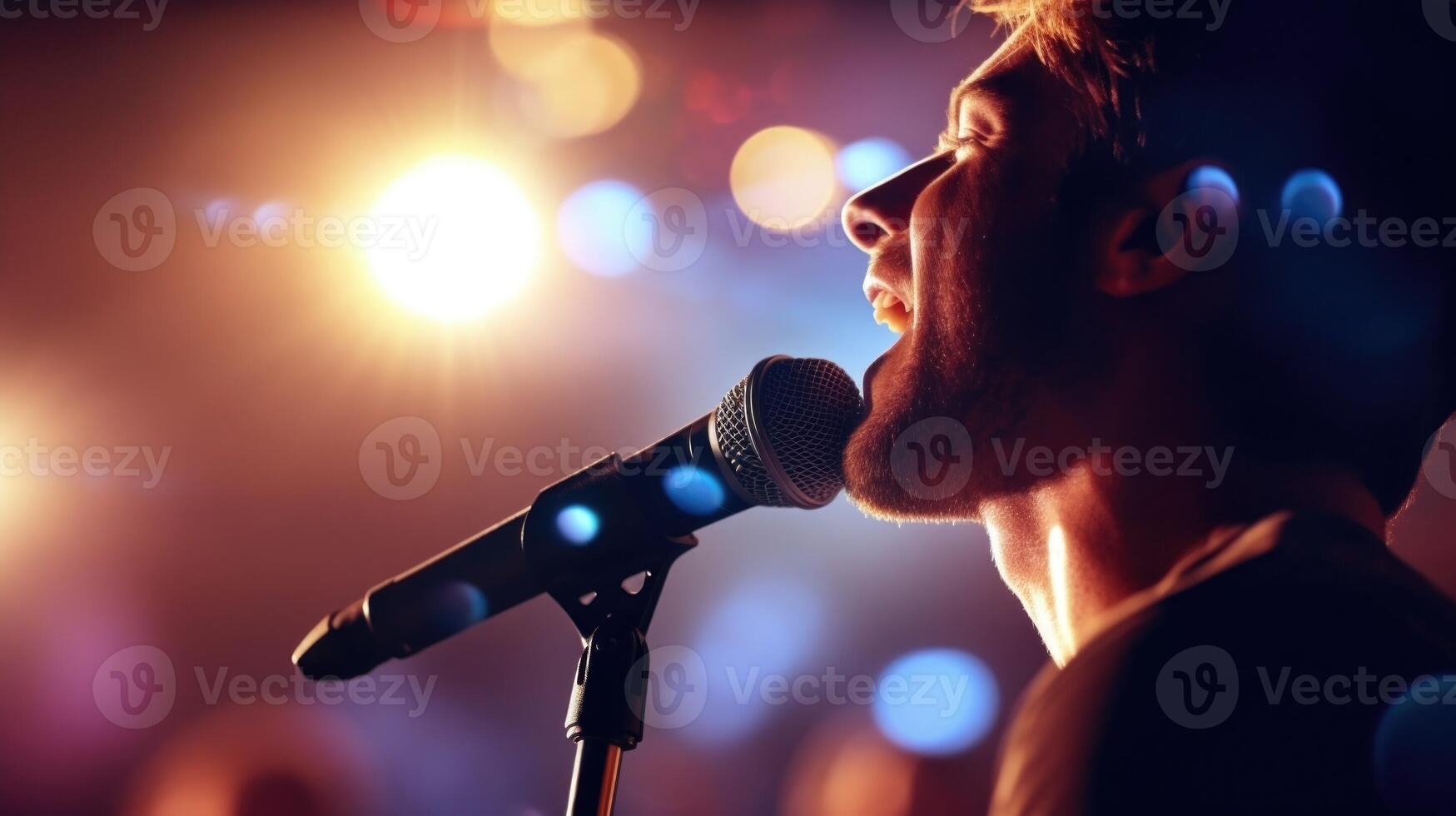 Closeup of a singers mouth as they hit a high note at a pop music concert. photo
