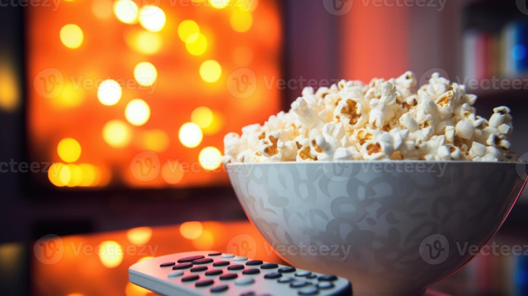 Closeup of a bowl of microwave popcorn with the streaming devices remote resting on top, ready for a night of bingewatching a trending TV series. photo