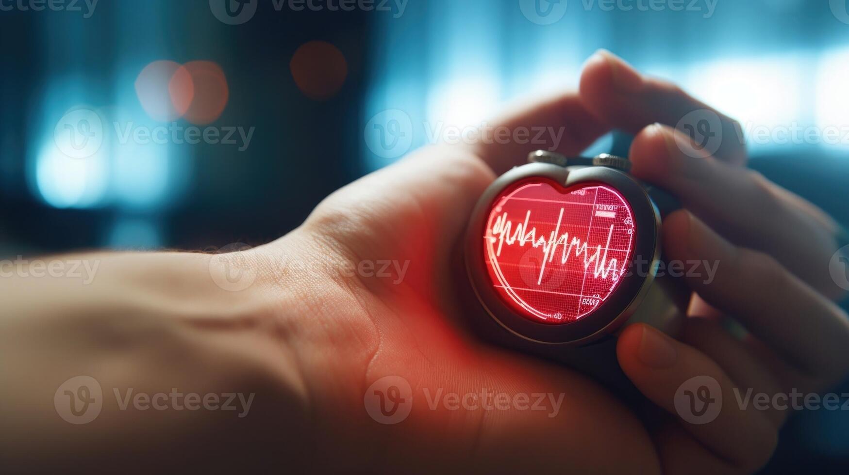 Closeup of a hand holding a heart rate monitor, tracking vital signs during remote cardiac monitoring. photo