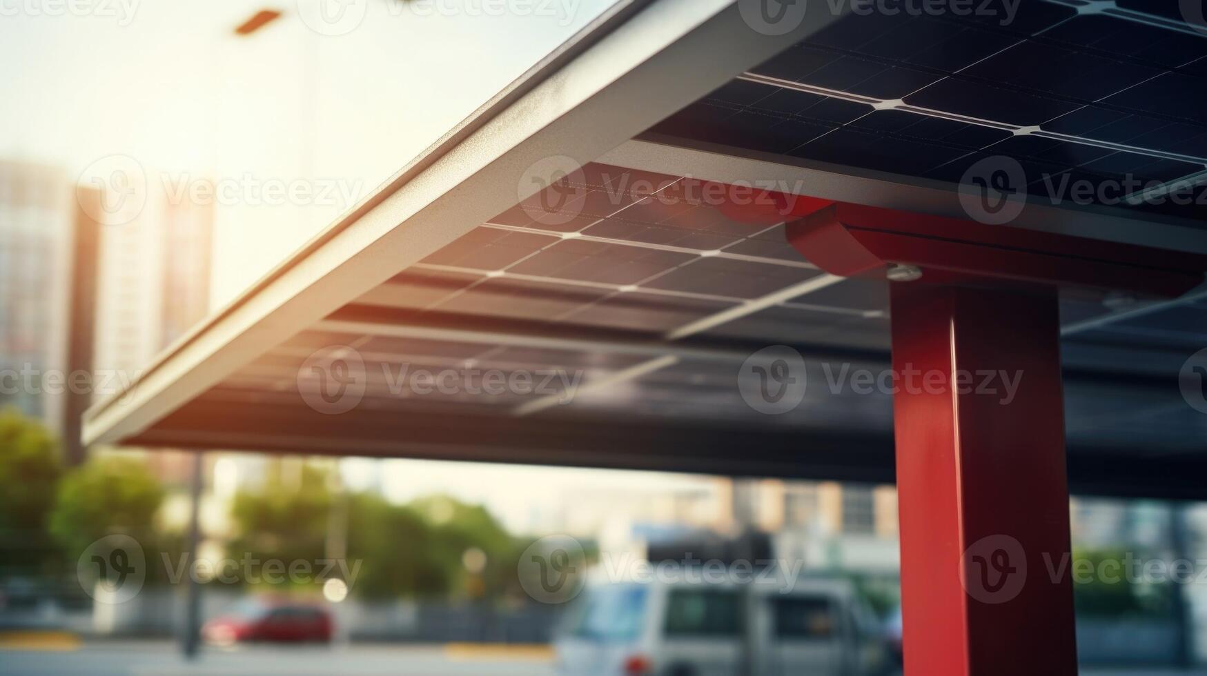 Detail of a solar panel installed on top of a bus shelter, providing renewable energy to the transportation hub. photo
