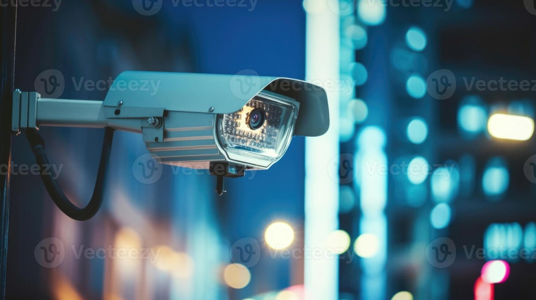 Closeup of a smart surveillance camera with infrared sensors for night vision capabilities. photo