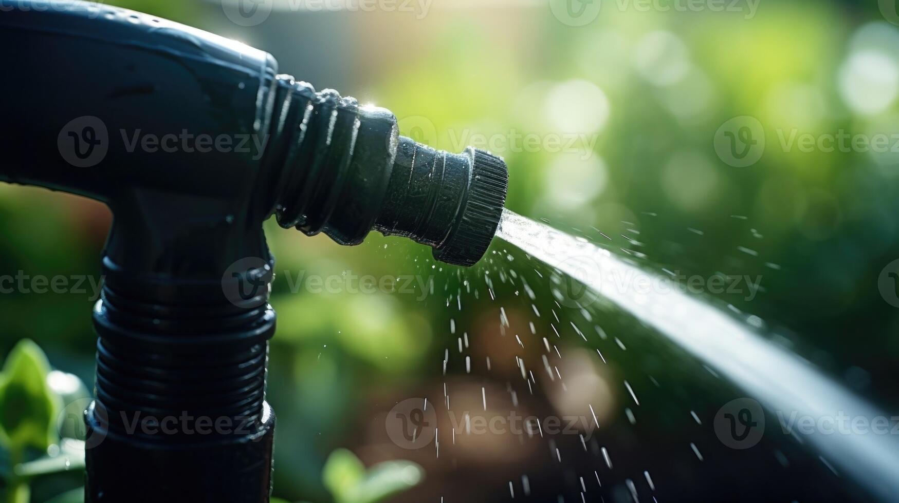 Closeup of a small, black watering nozzle attached to a plastic hose in an automated home gardening system. photo