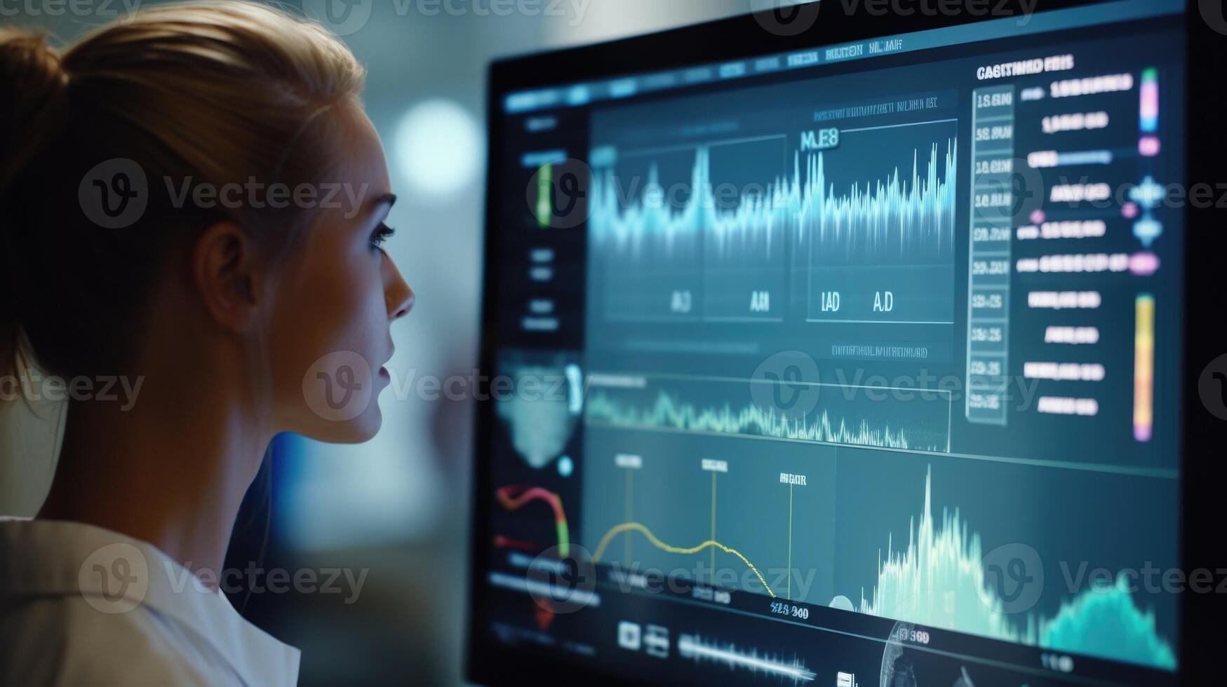 Extreme closeup of a virtual nurse avatars computer monitor displaying patient vitals and test results, aiding in a remote medical diagnosis. photo