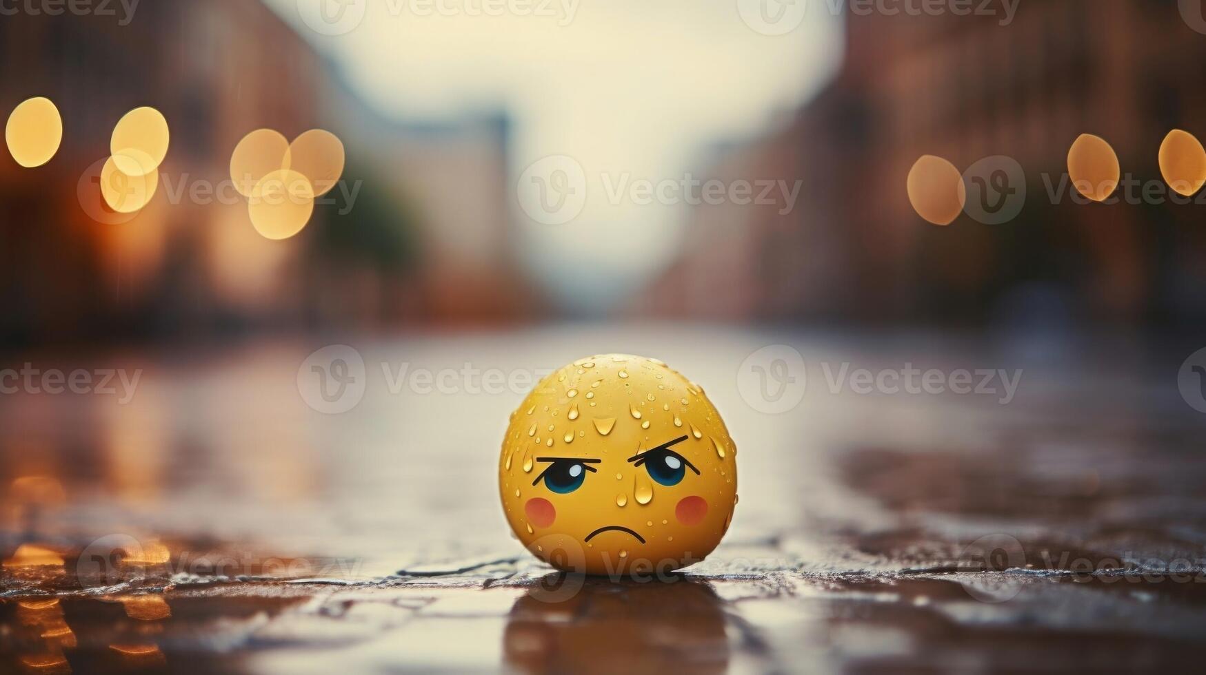 Closeup of a frowning emoji with a tear, representing the impact of cyberbullying on mental health. photo