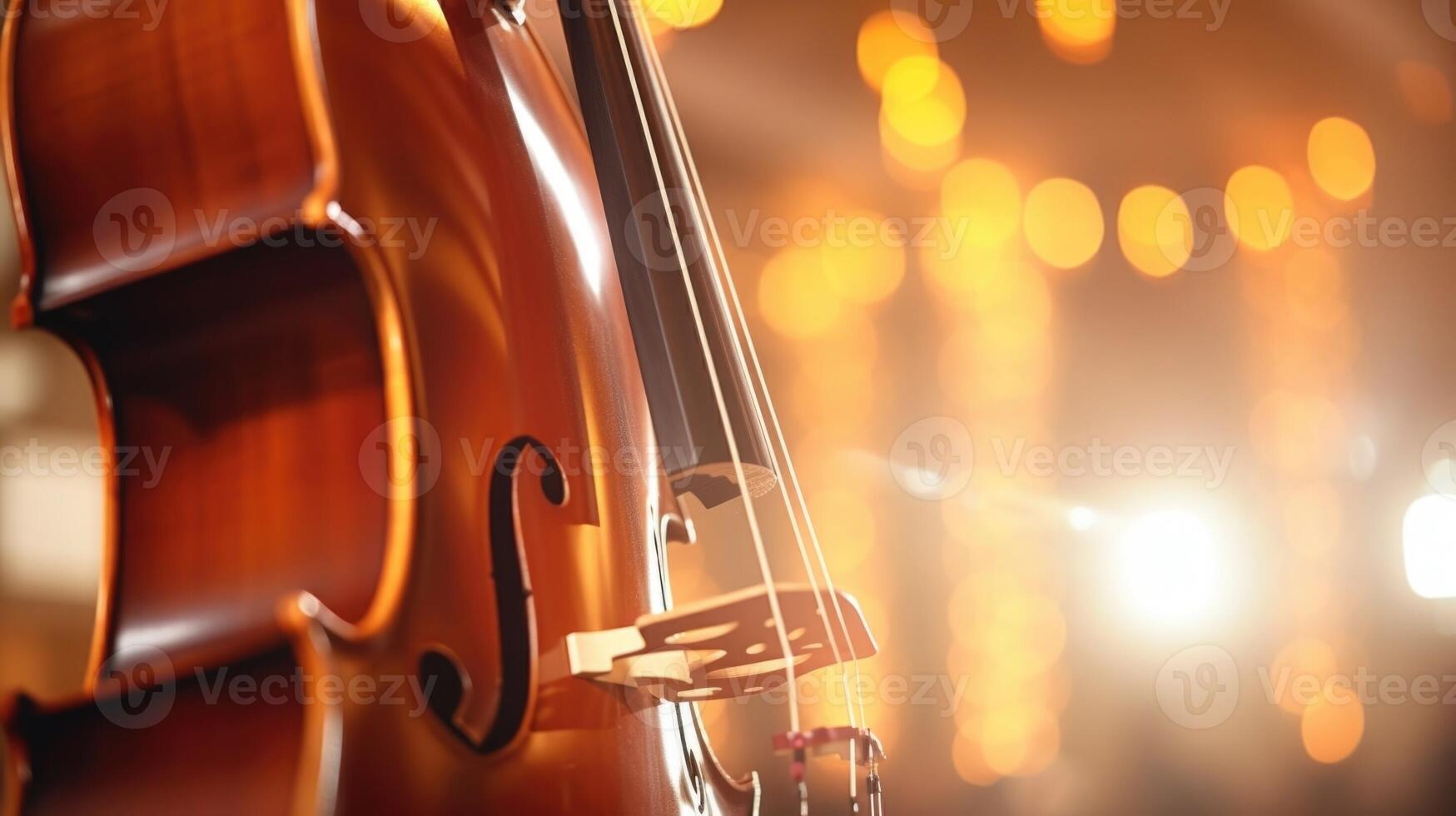 Closeup of a cello bow on strings at a classical music concert. photo