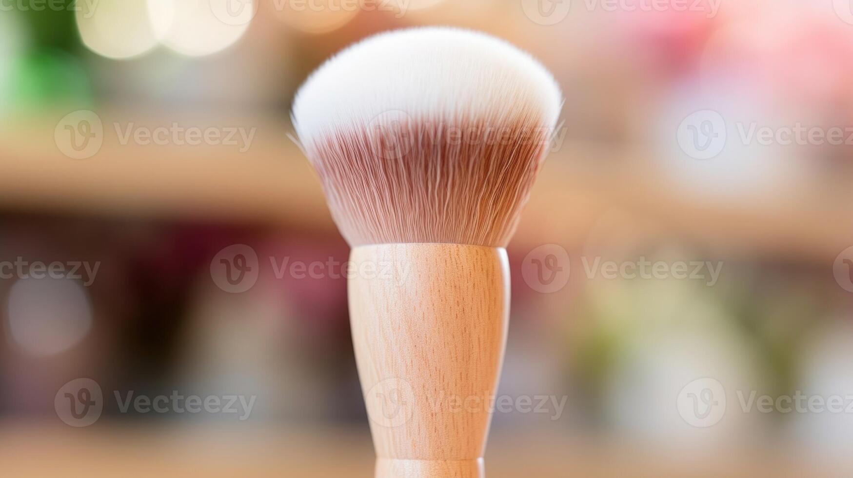 Closeup of a wooden handled makeup brush, with soft bristles made from vegan materials. photo