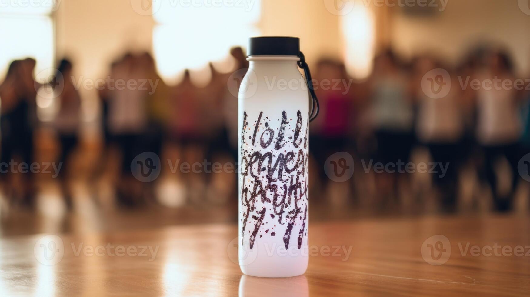 Closeup of a water bottle with dance moves written in sharpie, serving as a reminder for the dancers during their challenge. photo