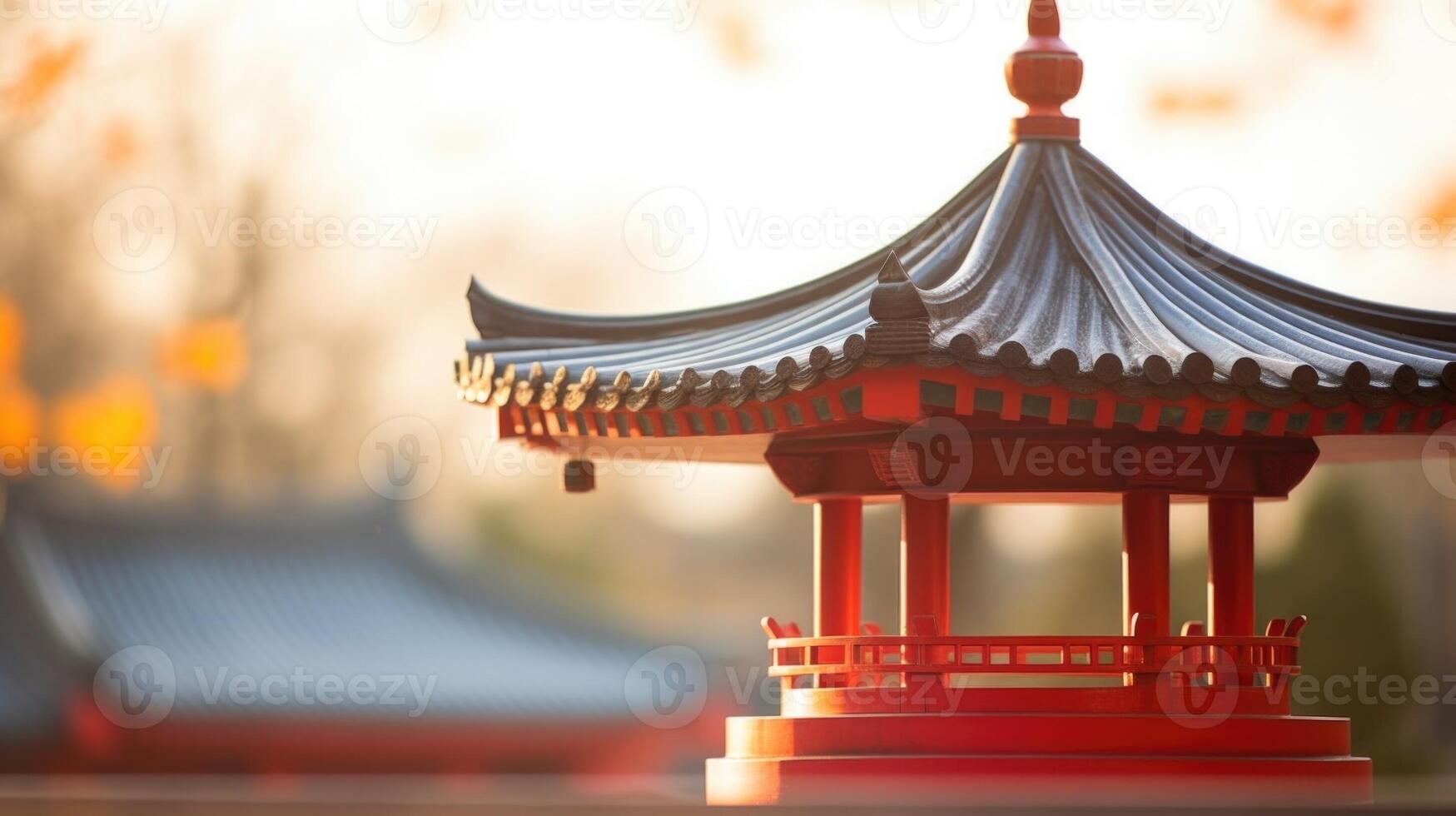 Closeup of a traditional pagoda roof peeking out from behind a modern skyser. photo