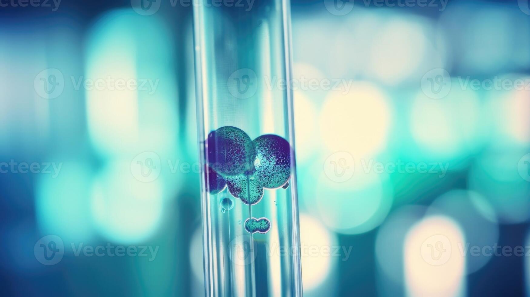 Closeup of a test tube filled with a clear liquid, containing a saliva sample for genetic testing. photo