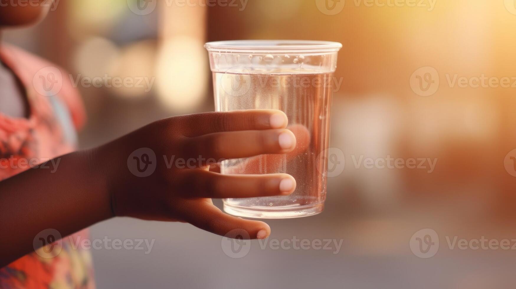 Closeup of a childs hand holding a cup of clean drinking water, provided through humanitarian aid efforts. photo