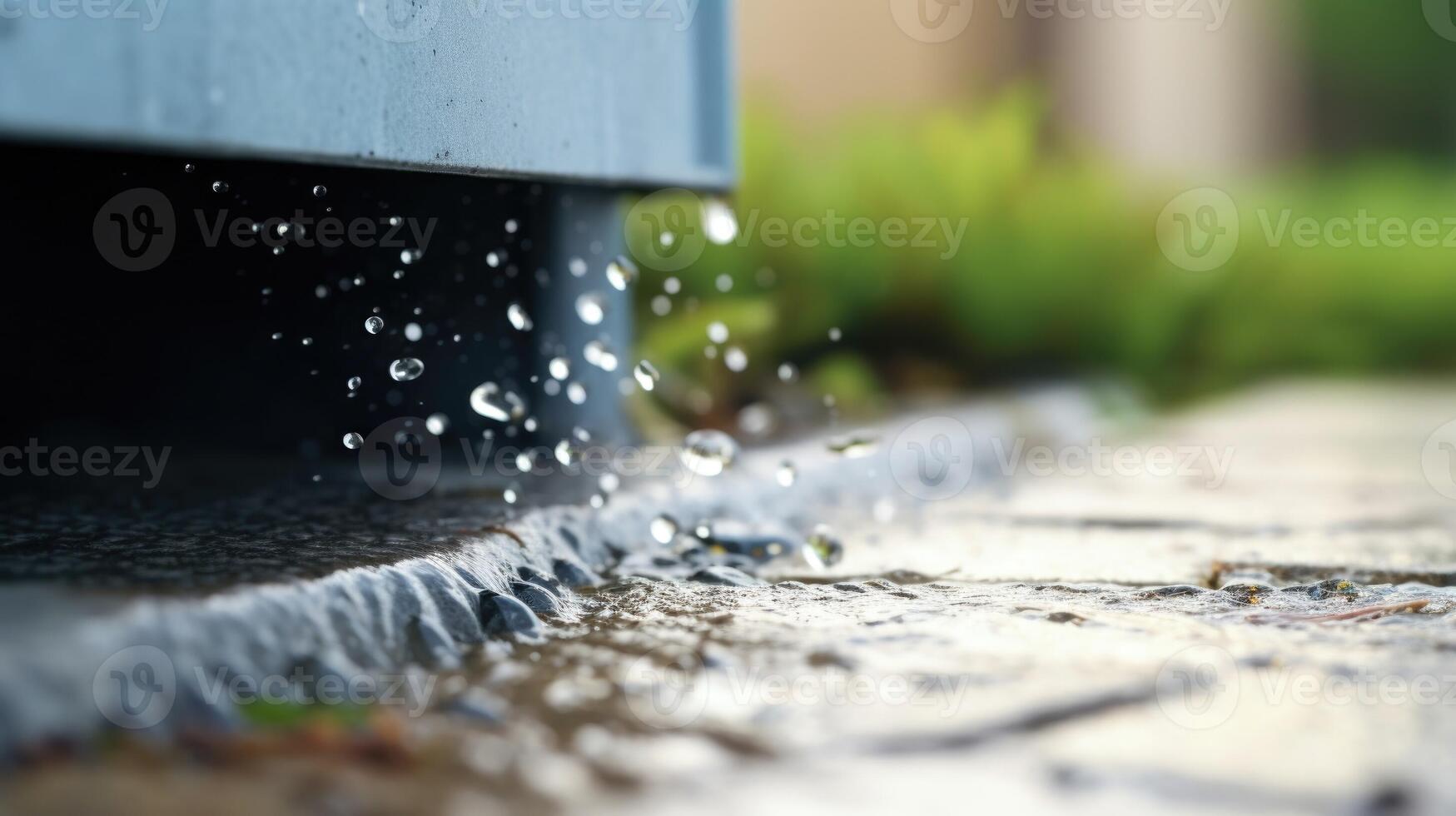 Closeup of a downspout diverting rainwater into a collection barrel. photo