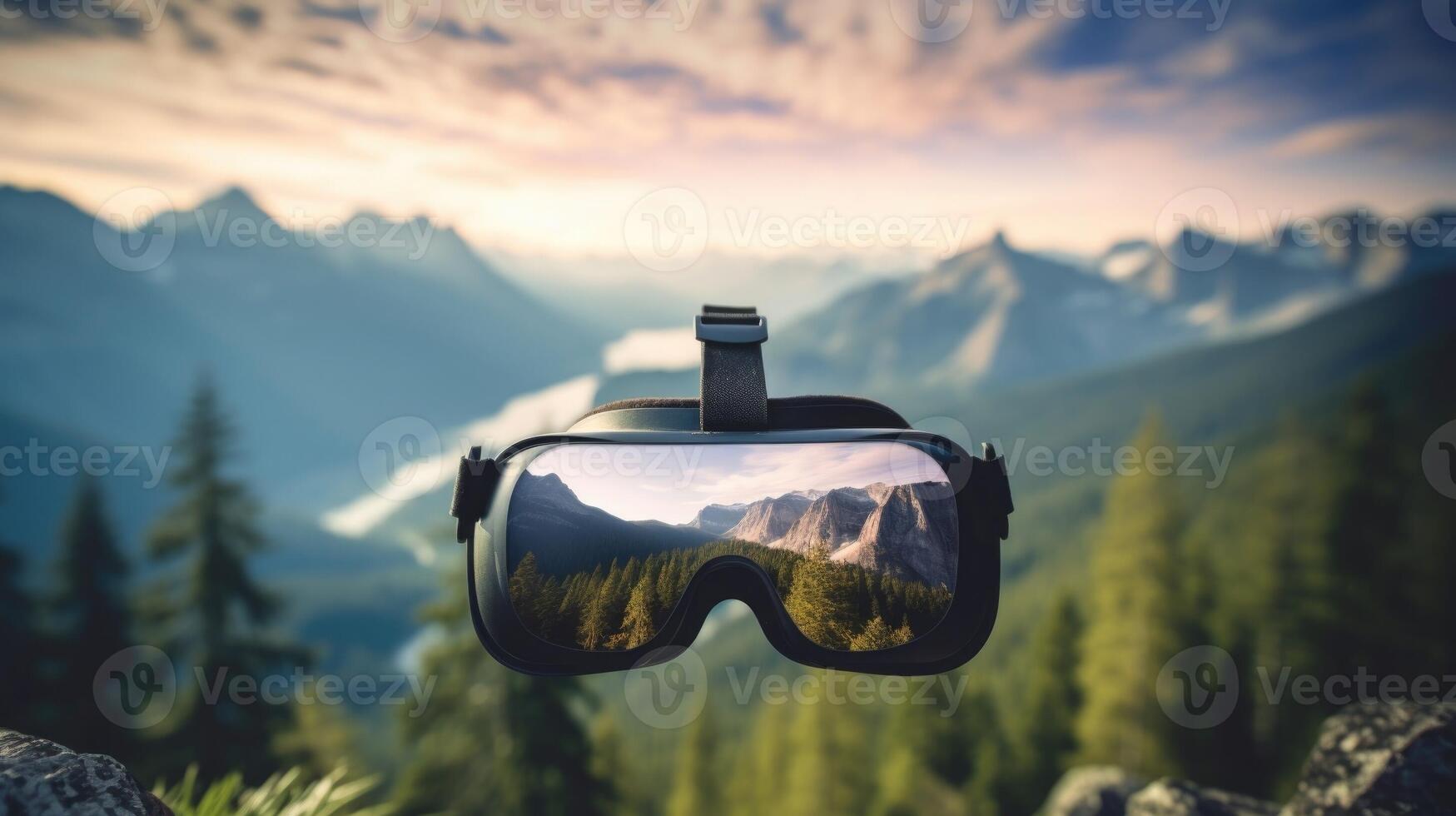 Closeup of a virtual reality headset with a serene mountain landscape projected on it. photo