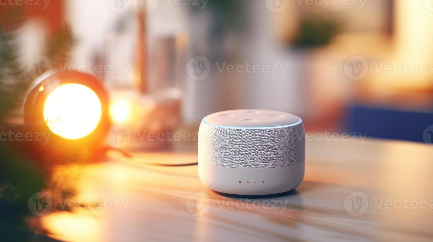 Closeup of a smart home hub with a voiceactivated voice assistant function for controlling entertainment devices. photo