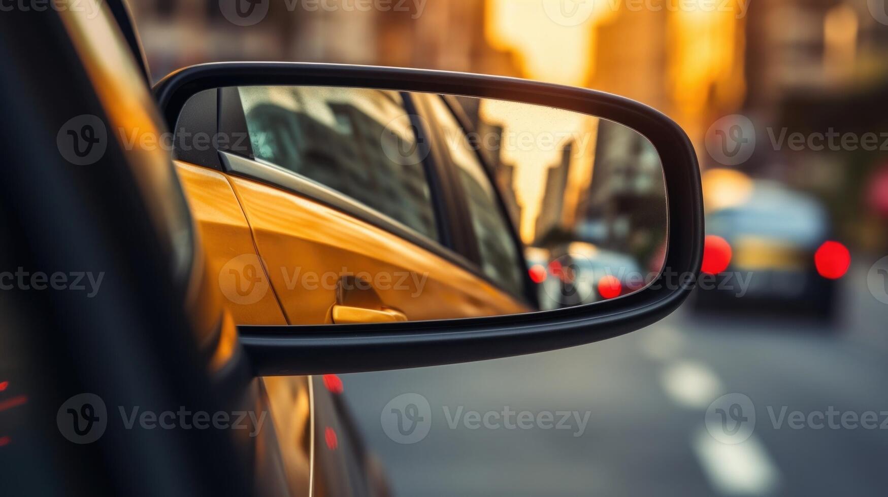 Closeup of a cars side mirror reminding drivers to check their blind spots before changing lanes. photo