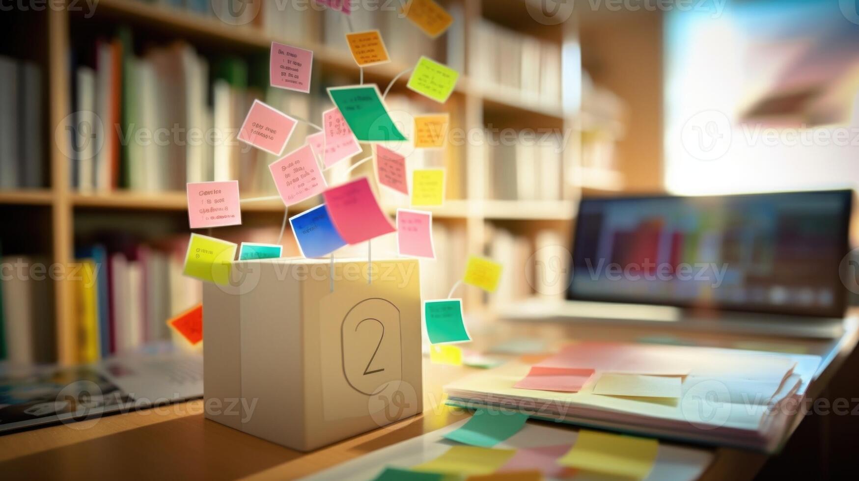 Detailed view of a digital textbook on a bookshelf, surrounded by sticky notes with study reminders. photo