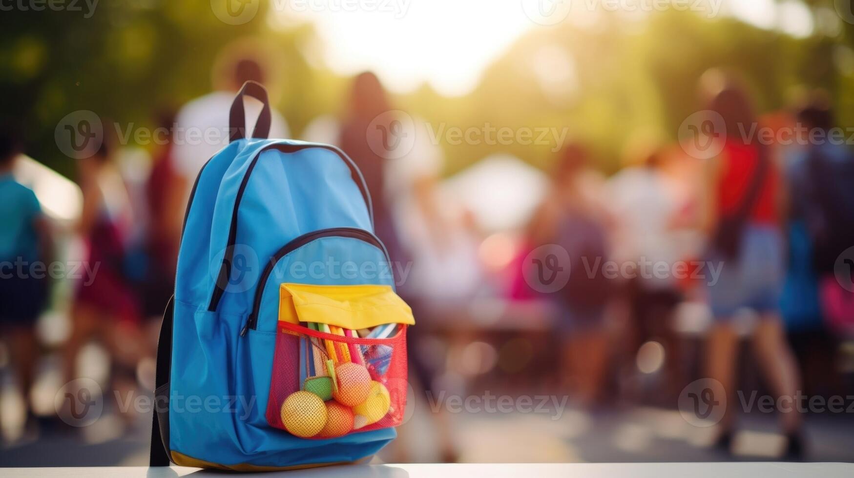 Closeup of a backpack overflowing with school supplies, emphasizing the importance of access to resources in times of crisis. photo