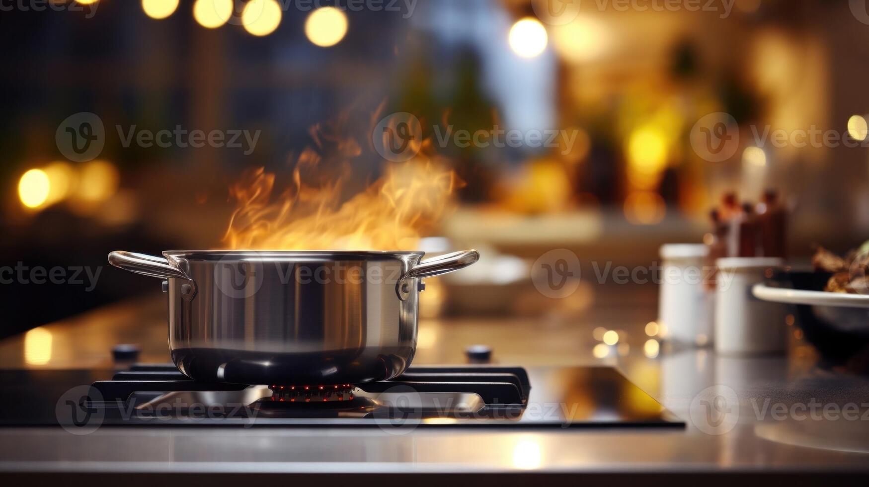 Closeup of a kitchen stove with a simmering pot and a laptop on the counter, representing the need to multitask and blend work and family duties seamlessly. photo