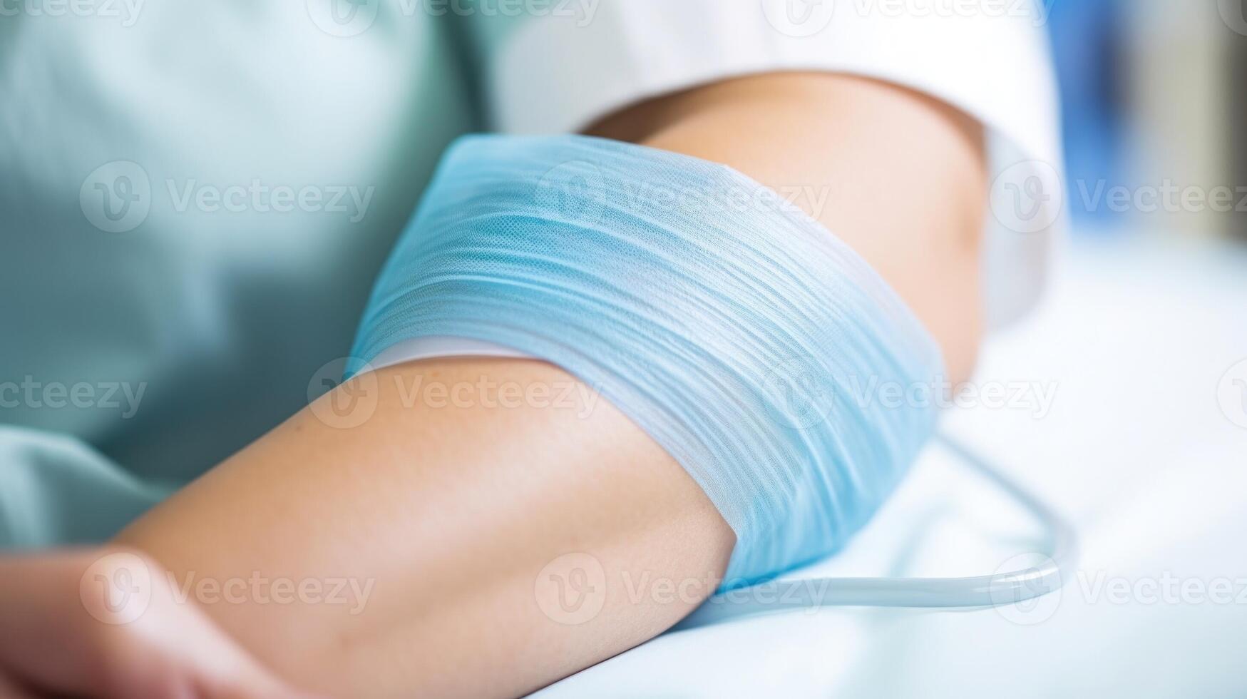 Closeup of a patients arm with the pressure cuff securely wrapped around it. photo