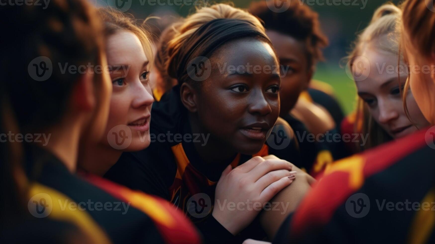 Closeup of a group of diverse teammates huddled together during a halftime pep talk. photo