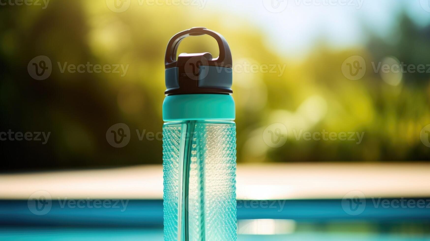 Macro view of a compact and durable sports water bottle with a grip handle and leakproof lid. photo
