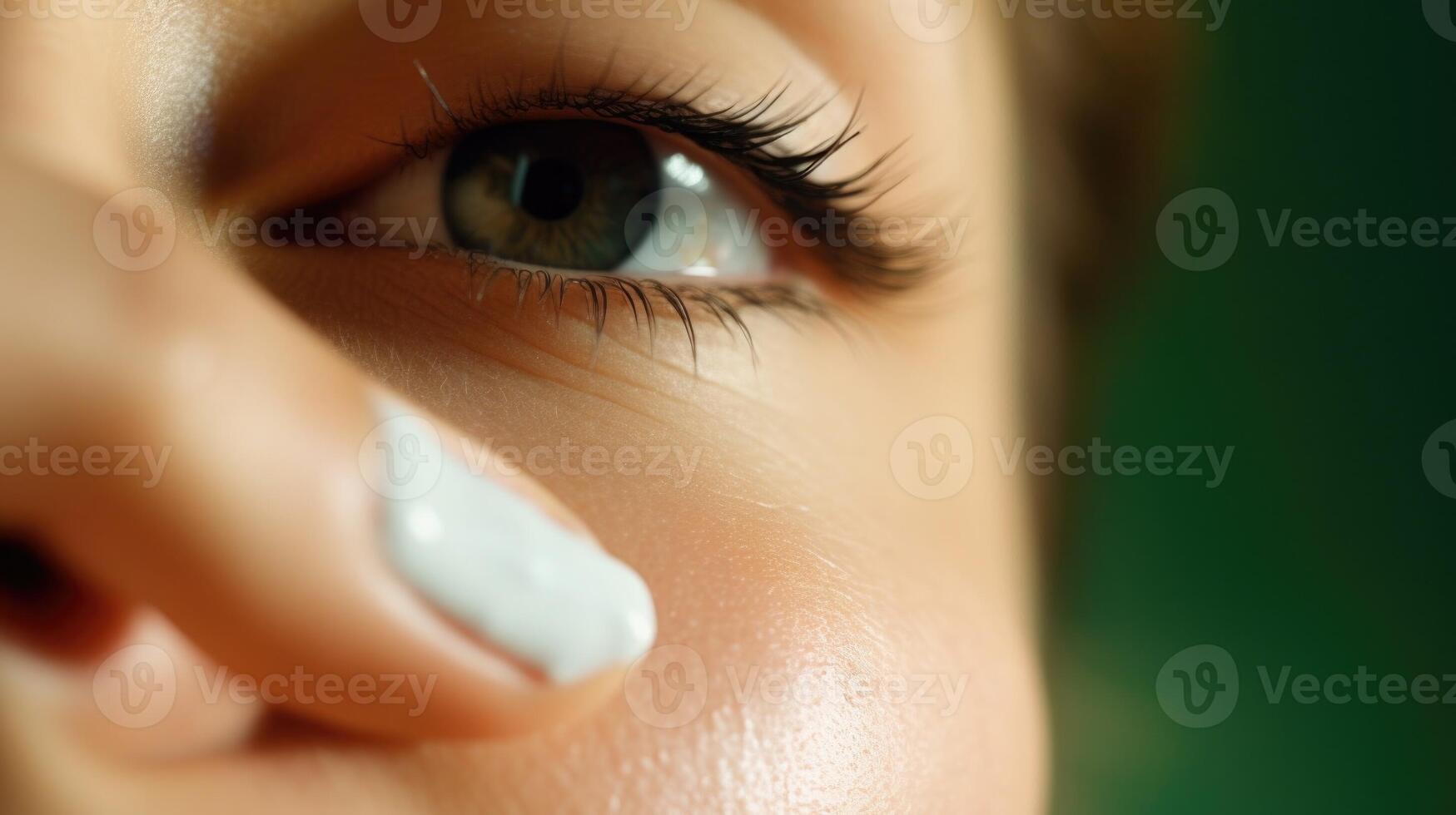 Closeup of a dab of eye cream being dotted onto the skin under the eye. photo
