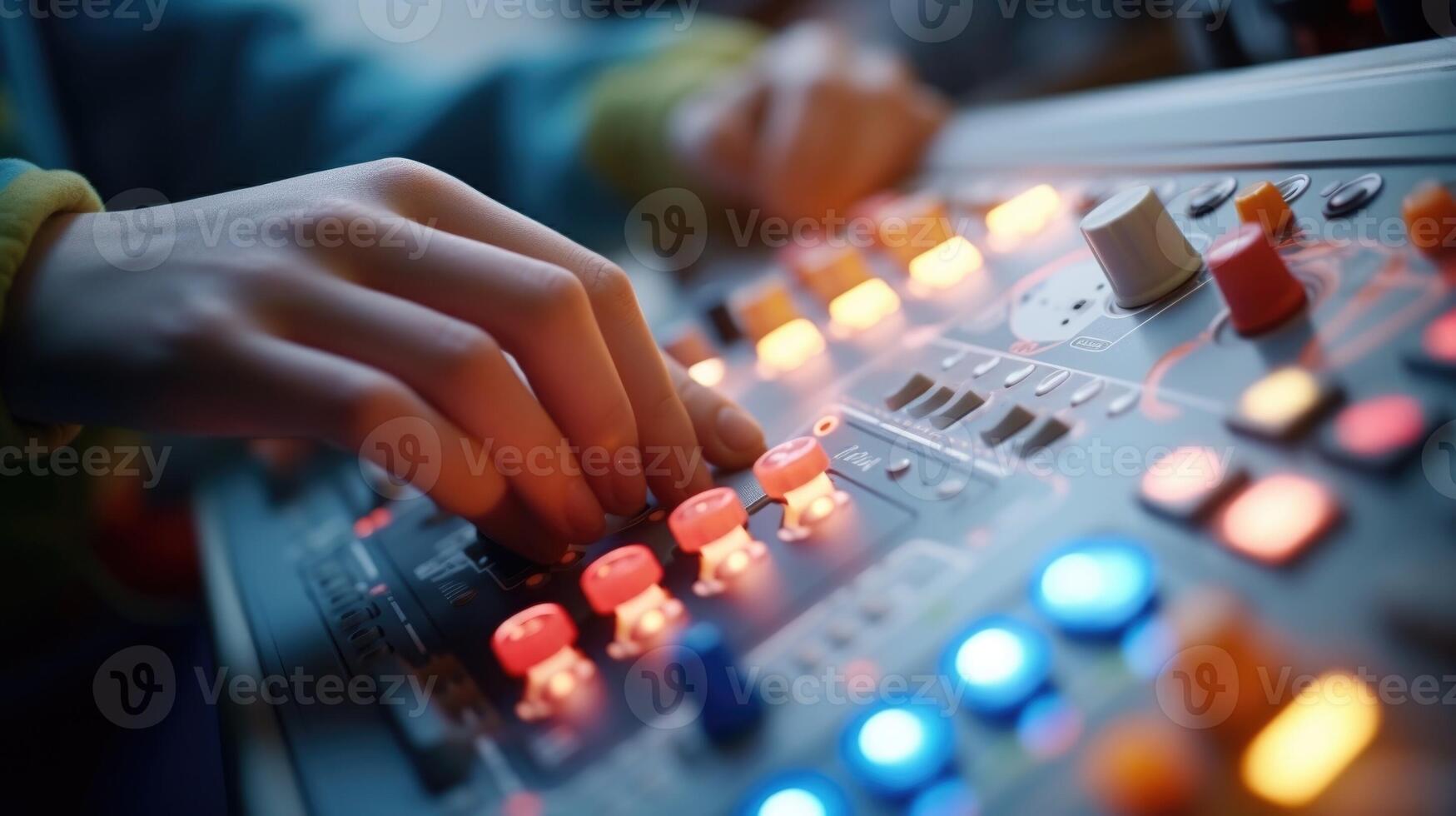 Closeup of a teenagers hands adjusting the settings on a robotic control panel. photo