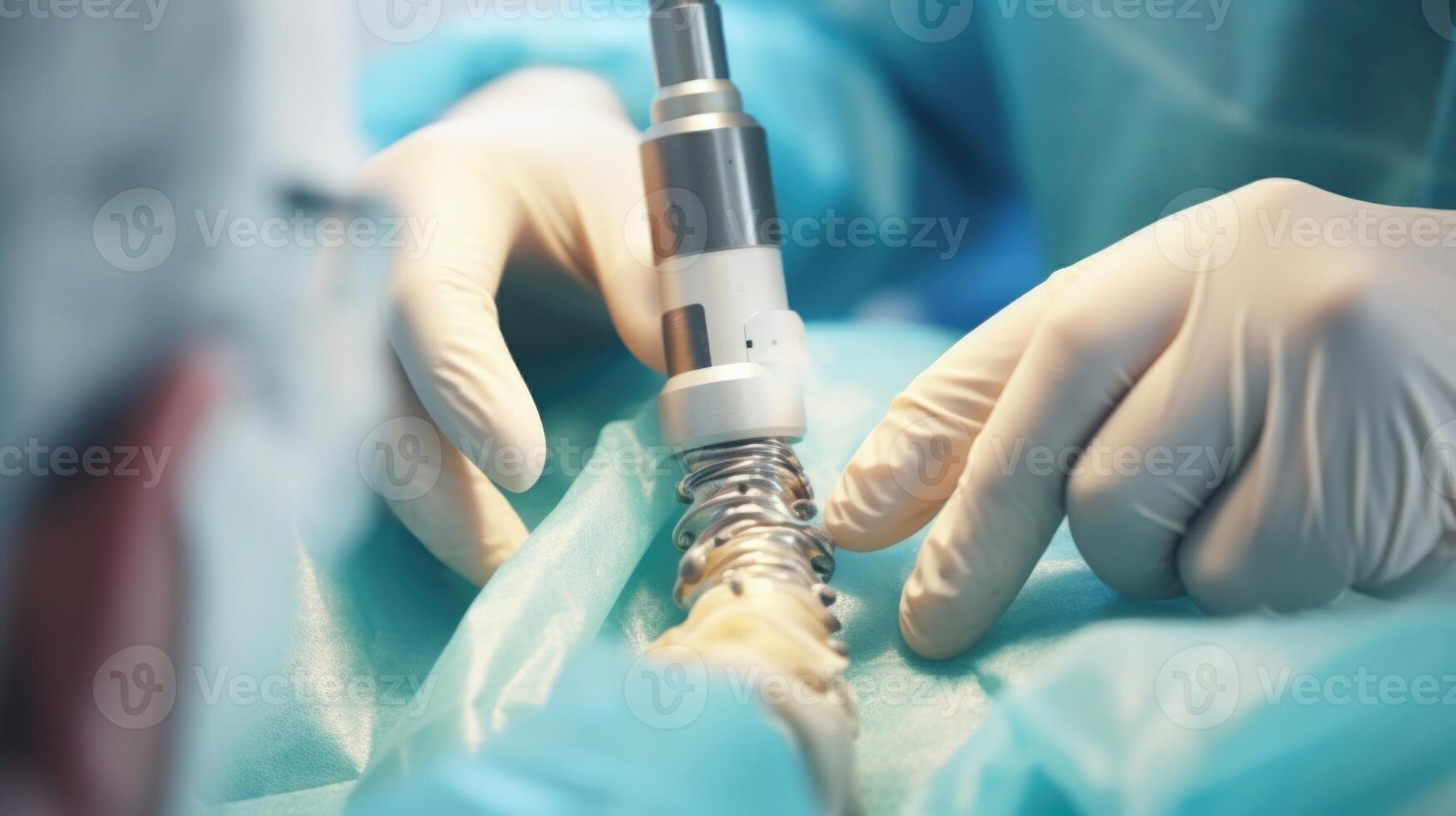 Detailed image of an AIassisted surgical drill carefully removing bone tissue during orthopedic . photo