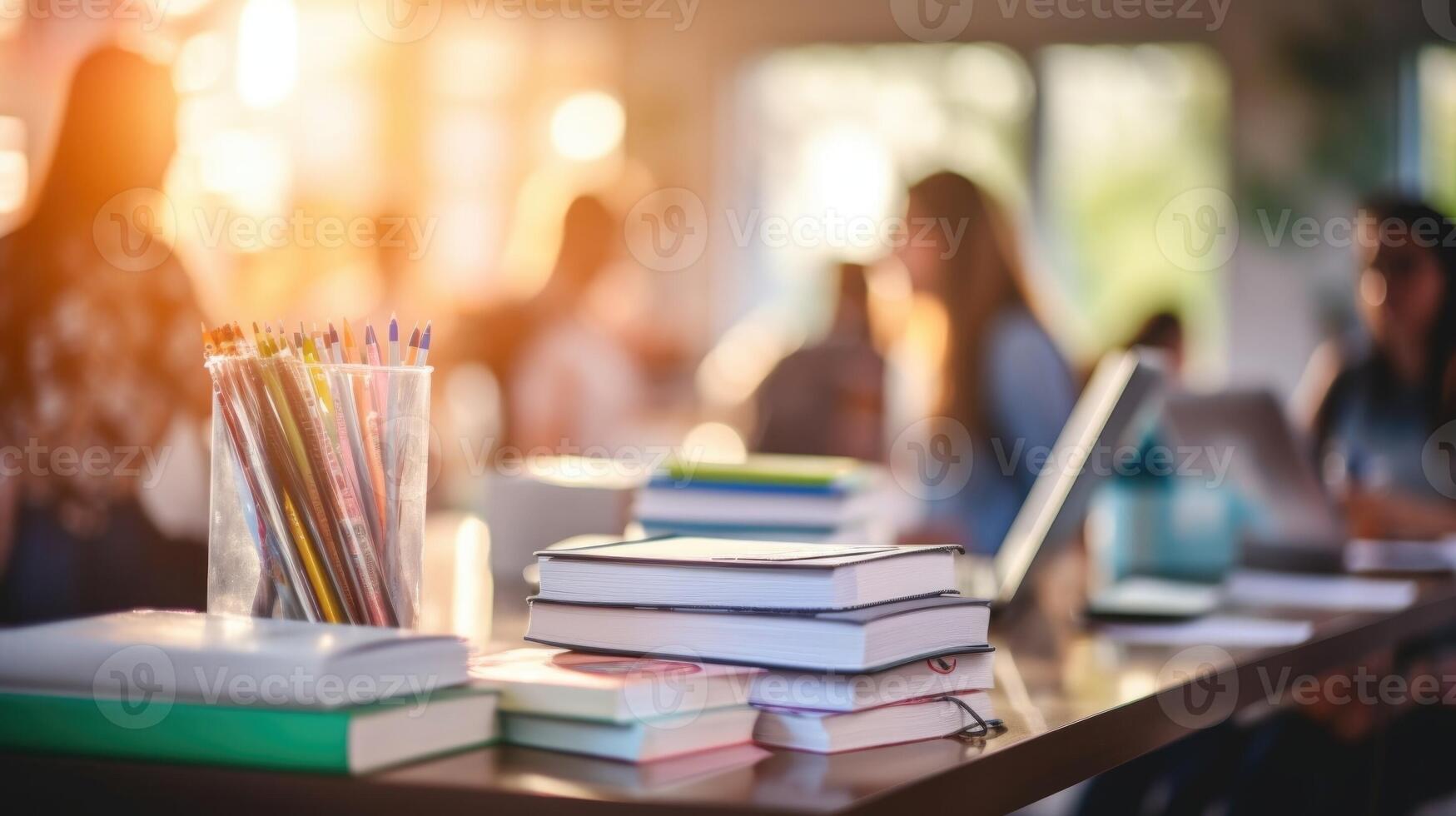 Closeup of a table cluttered with textbooks, a tablet, and stationery as a teen multitasks between different homework assignments. photo