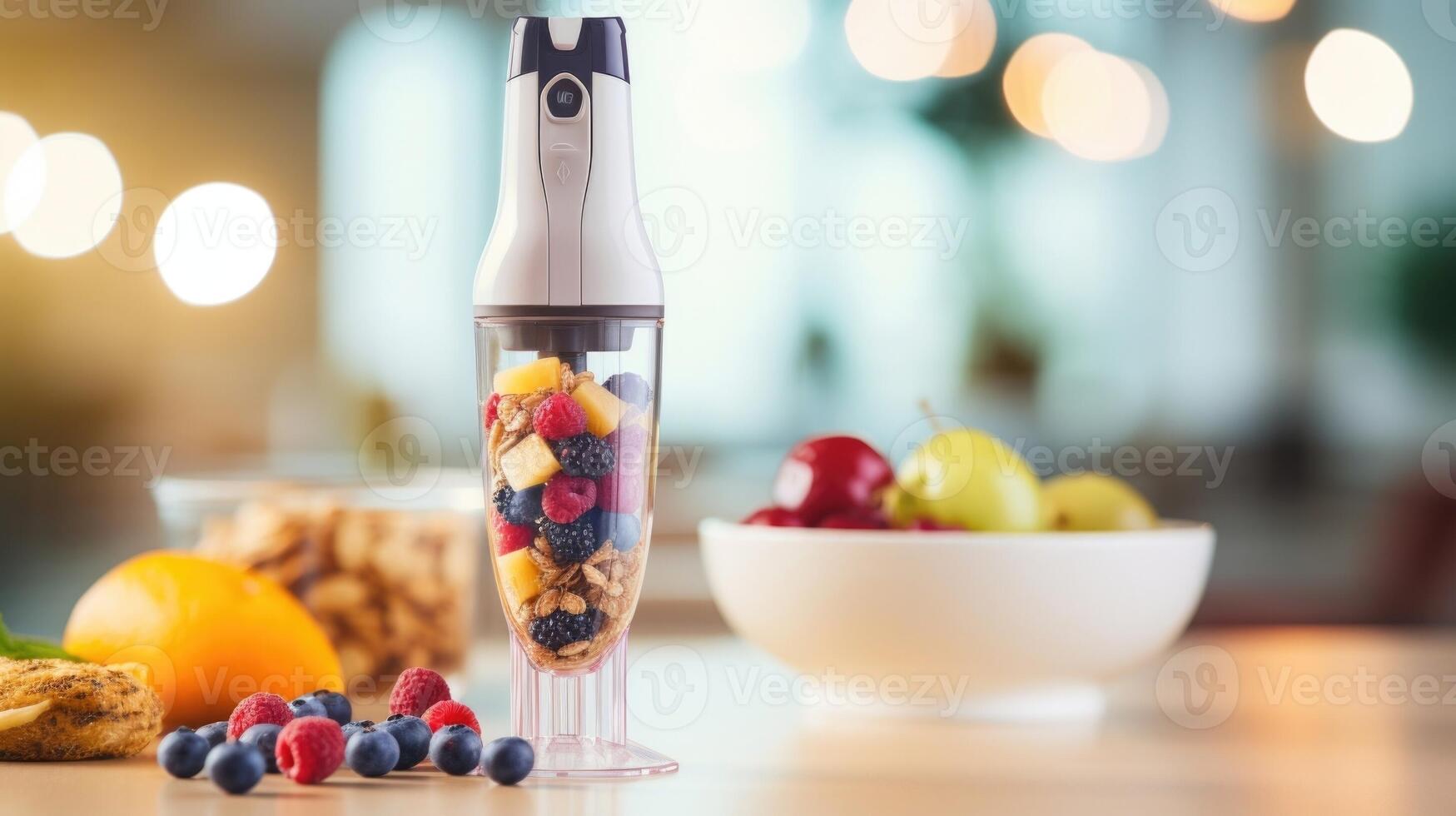 Closeup of a handheld immersion blender as it blends together fruits and oats for a healthy baby meal. photo