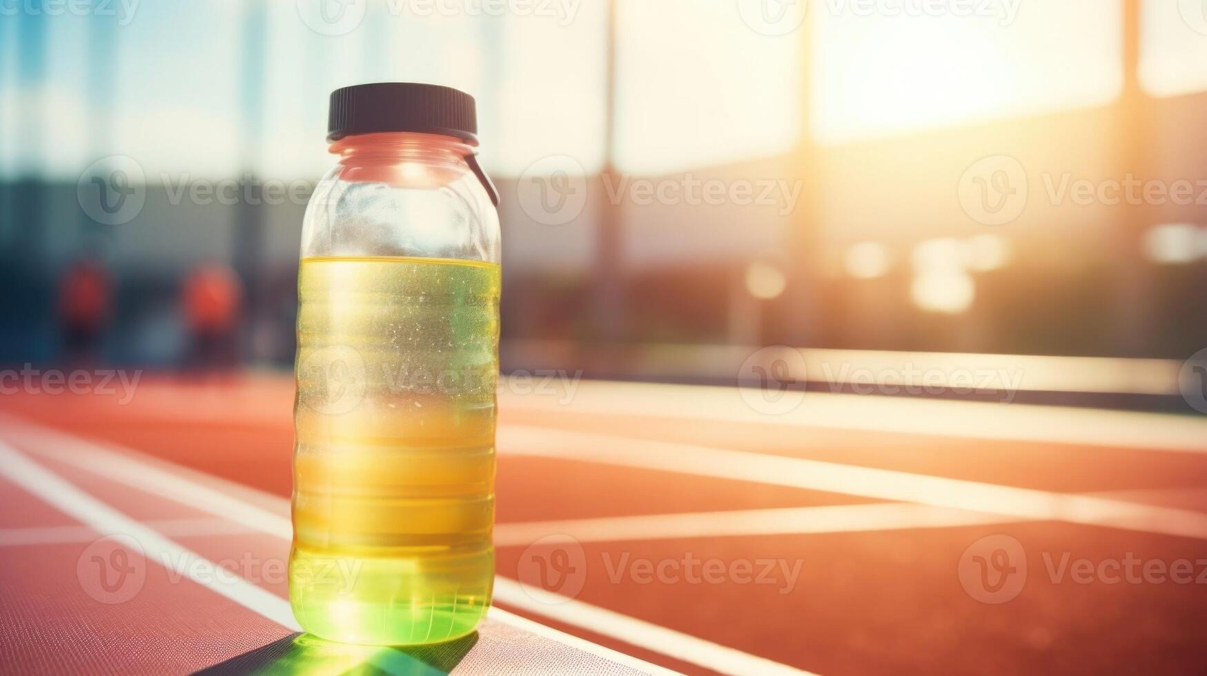 Closeup of a water bottle filled with ice and electrolyte drink for the young athletes. photo