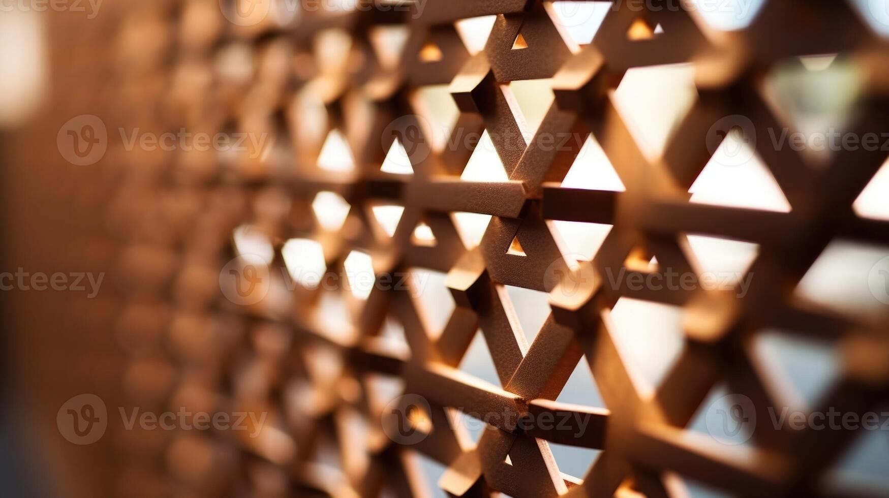 Closeup of a traditional wooden lattice screen adding depth to a modern office building. photo