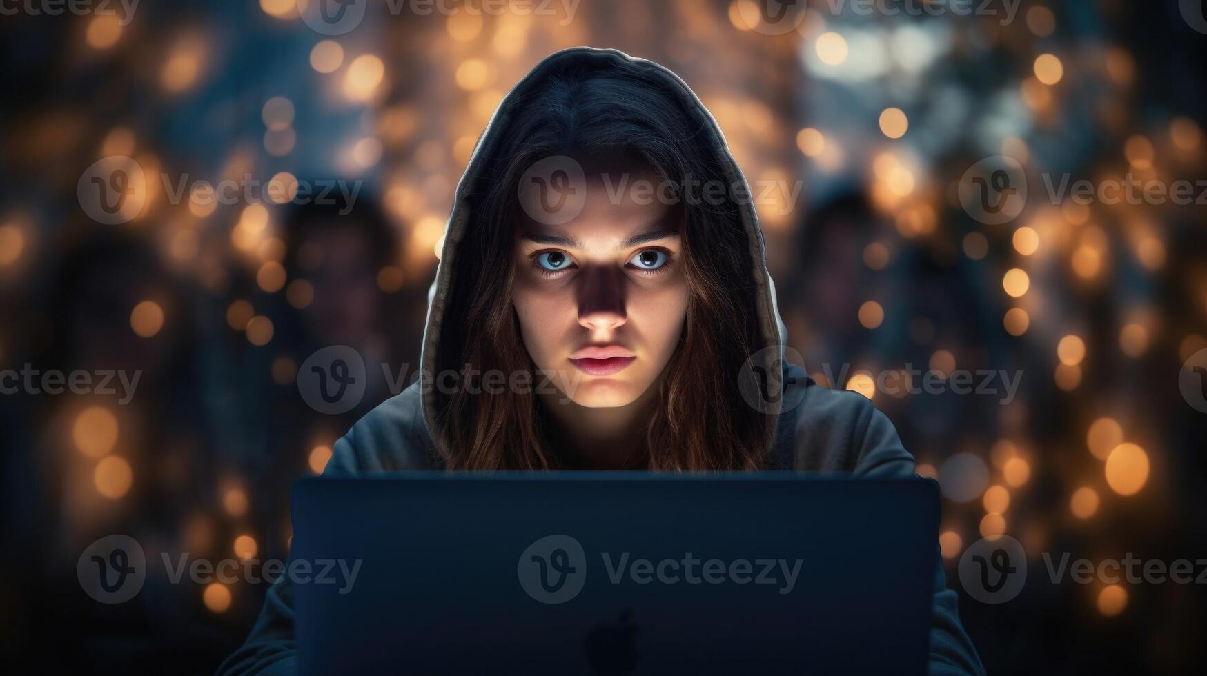 Closeup of a stressed out students face illuminated by the glow of their laptop screen, highlighting the mental challenges of distance learning. photo