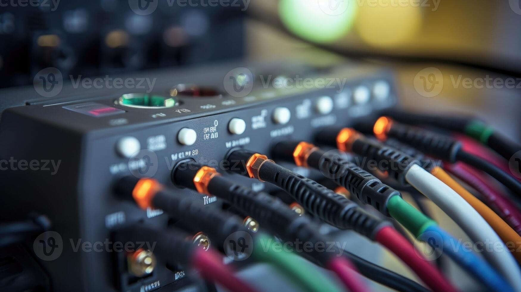 Closeup of a remote monitoring device with multiple wires and leads. photo