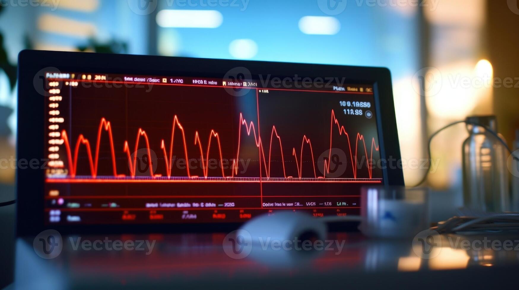 Closeup of a screen showing a live ECG reading, indicating remote cardiac monitoring is in progress. photo