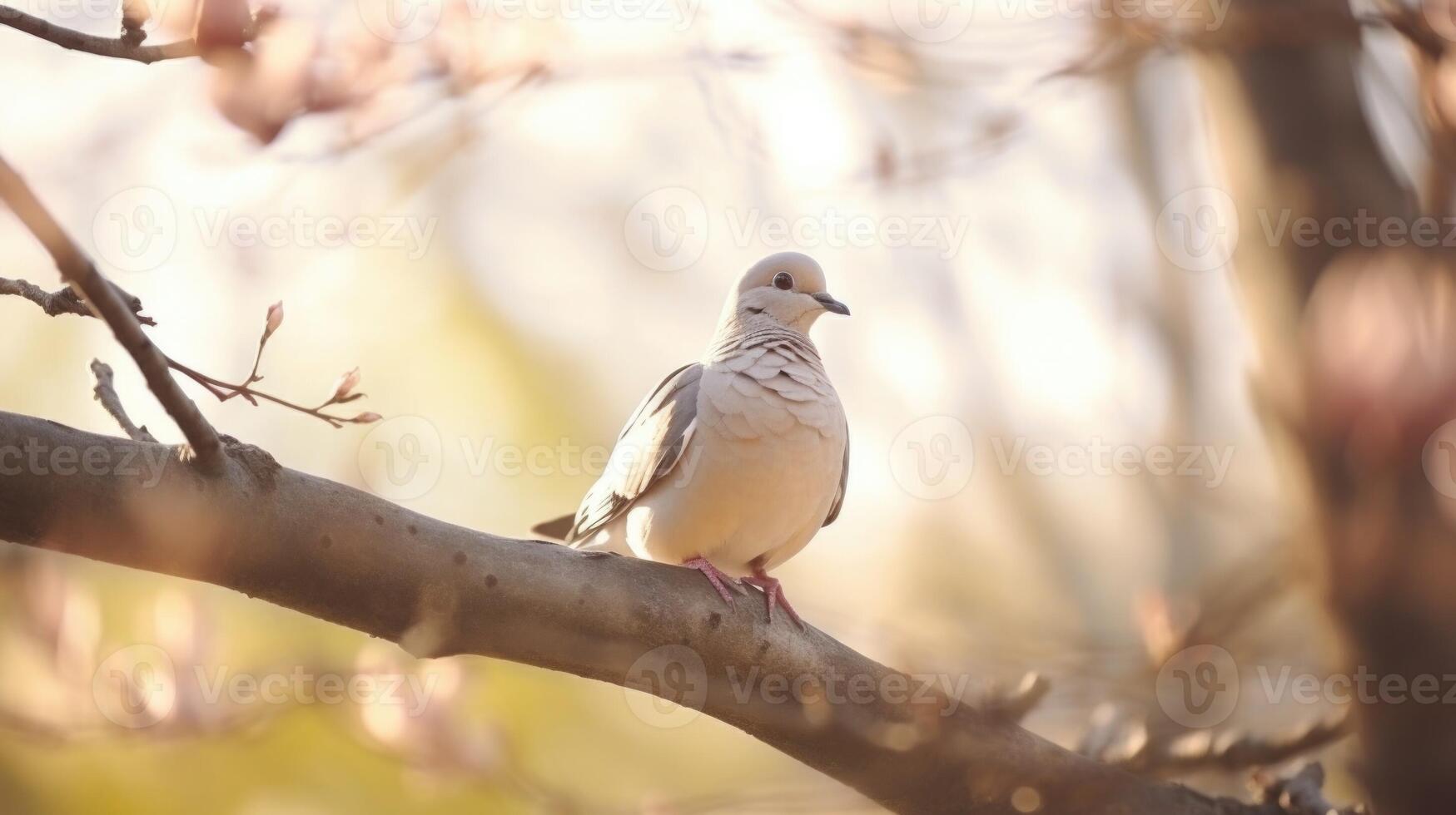 Closeup of a dove perched on a branch, symbolizing hope and reconciliation. photo