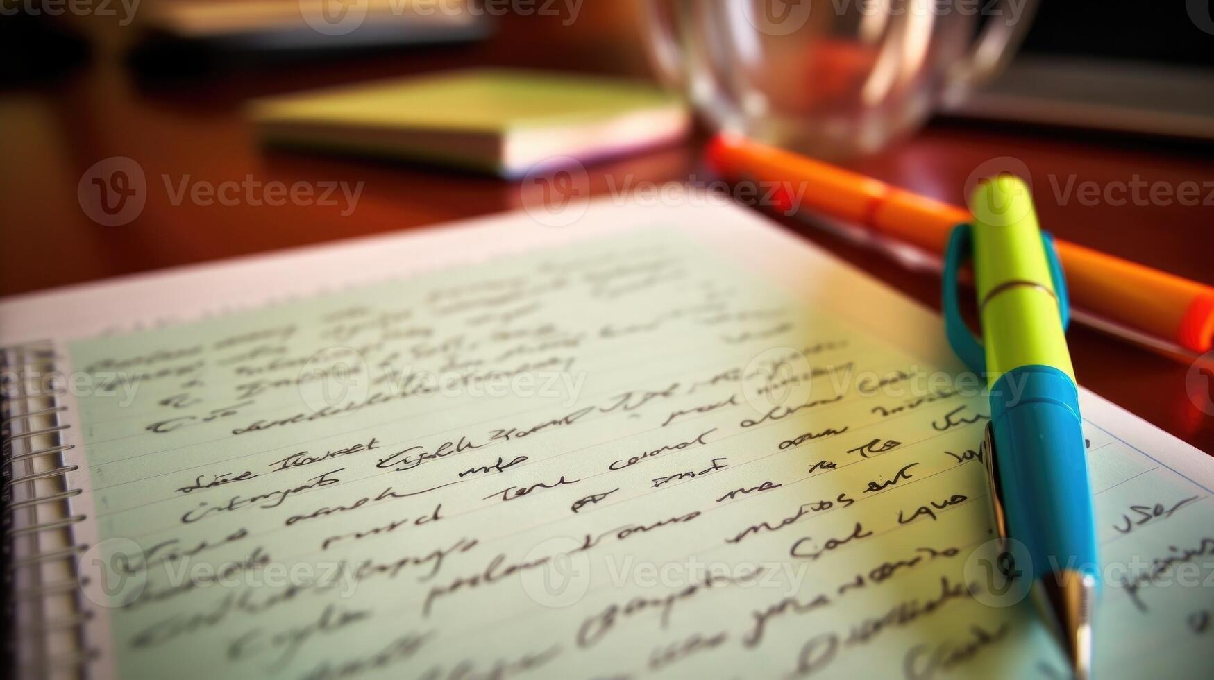 Closeup of a handwritten todo list with half of the tasks crossed off, illustrating the satisfaction of accomplishing both work and family tasks. photo