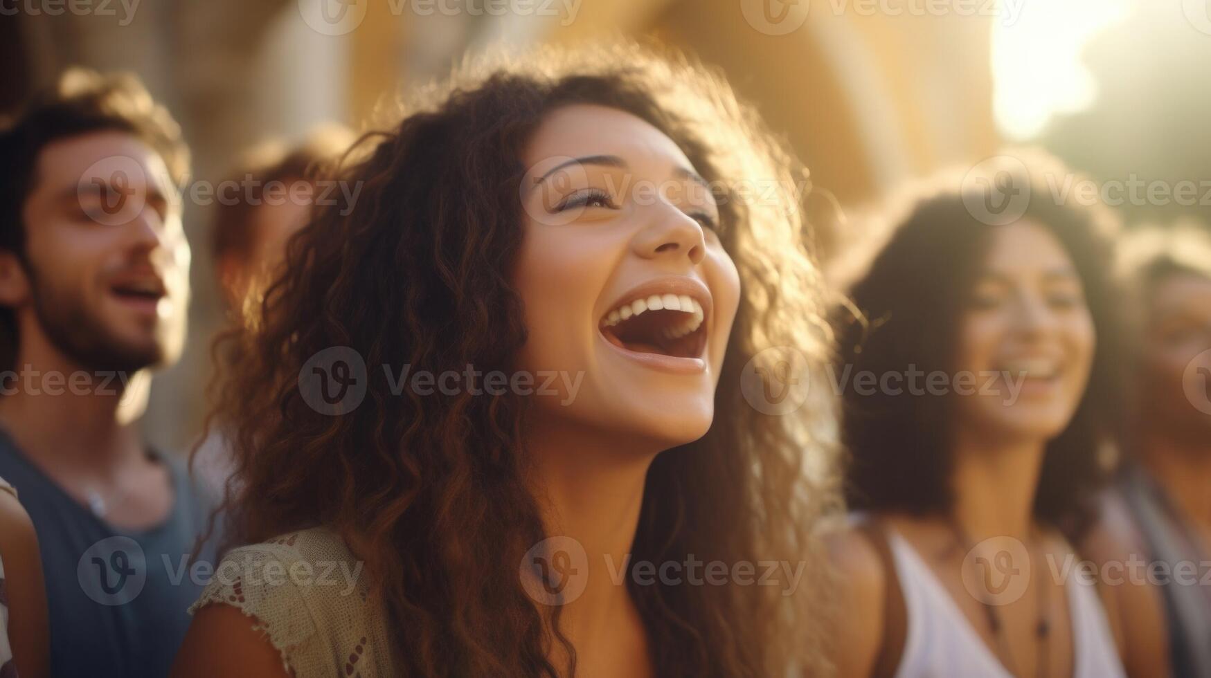 Closeup of a group of friends huddled together, belting out the lyrics to their favorite song as the music echoes through the crowd. photo