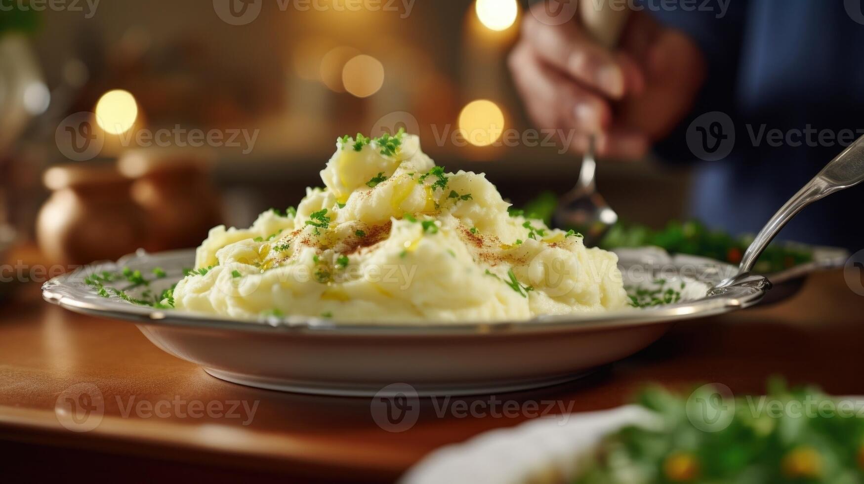 Closeup of creamy mashed potatoes being carefully piped onto a plate by a renowned chef in a live cooking webinar. photo