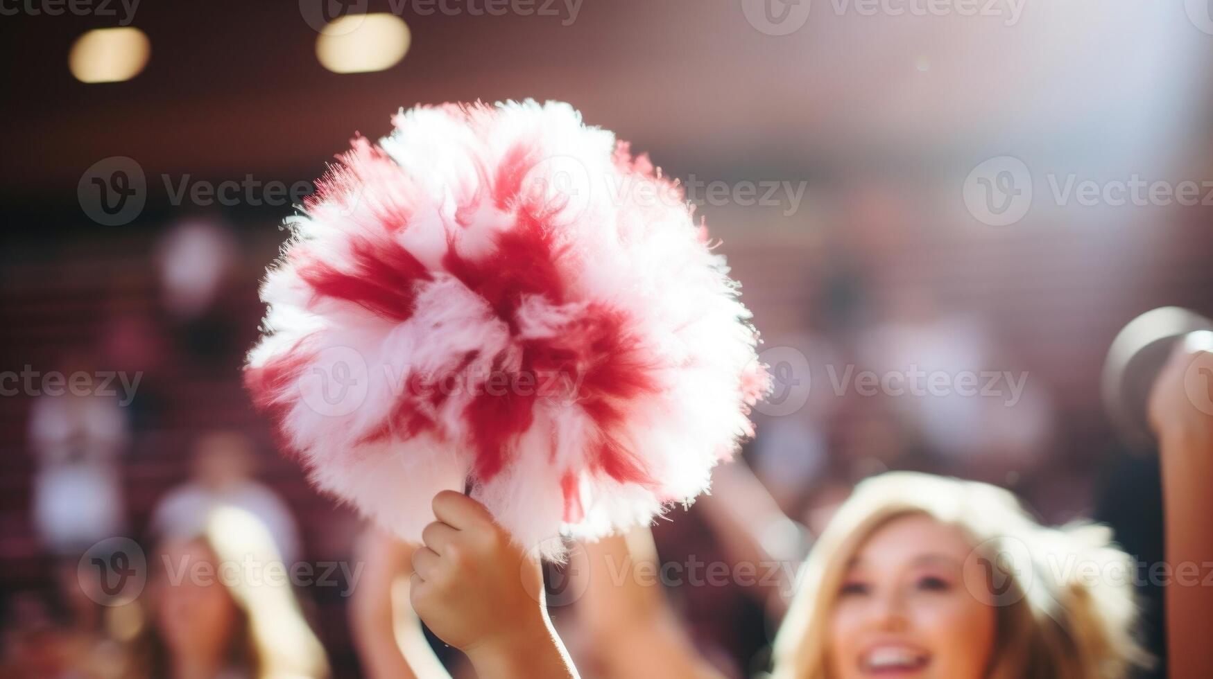 Closeup of a cheerleaders pompom in midair, capturing the energy and enthusiasm that sports can bring to a community. photo