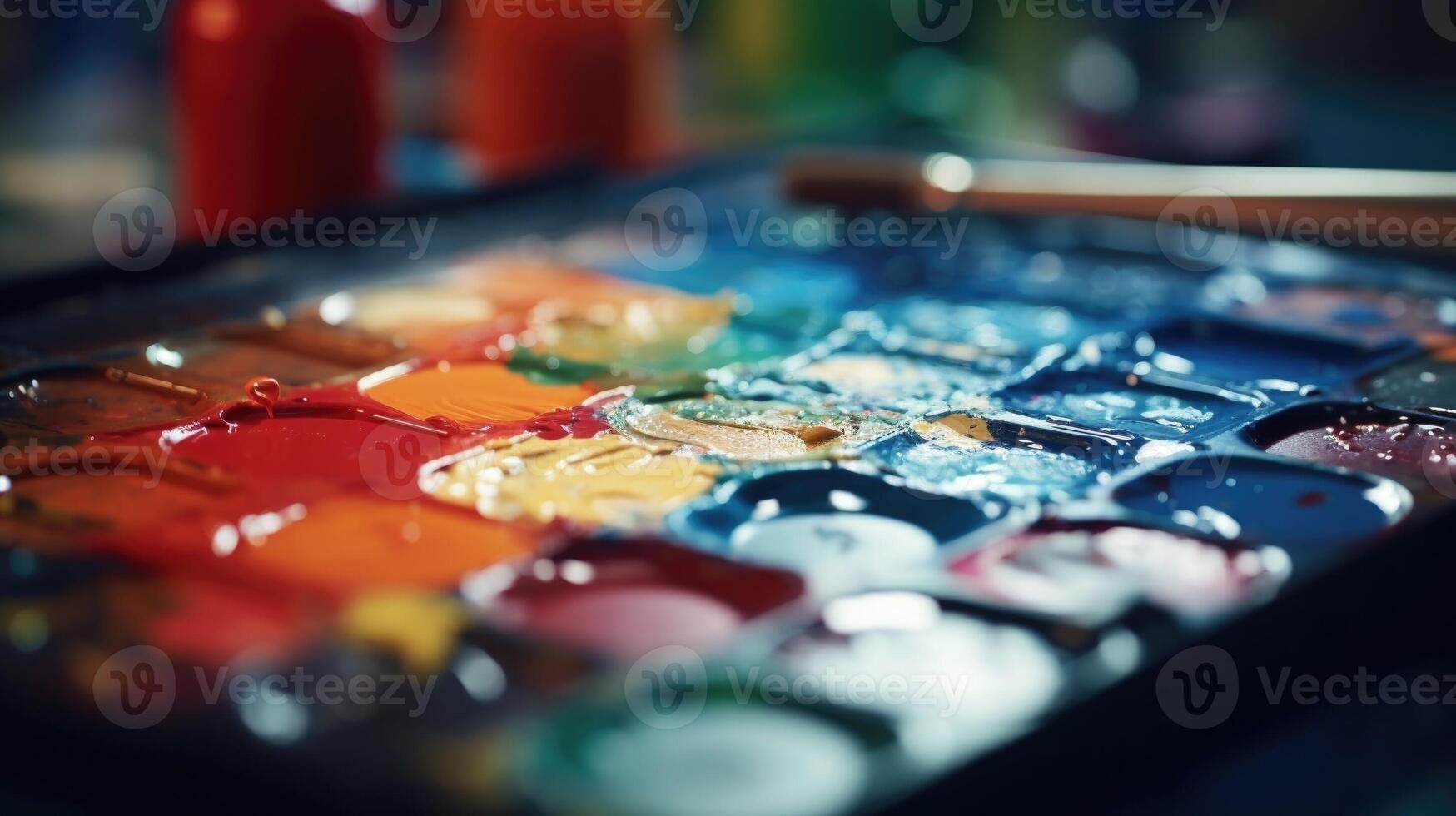 Macro image of a paint palette, filled with an array of different colors being used to meticulously paint a miniature set piece from a critically acclaimed television series. photo