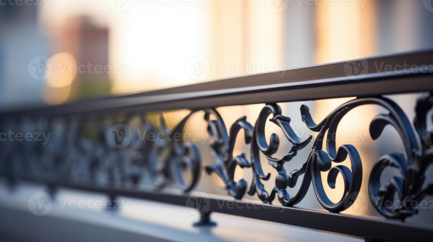 Closeup of a ornate wrought iron balcony railing on a contemporary highrise. photo