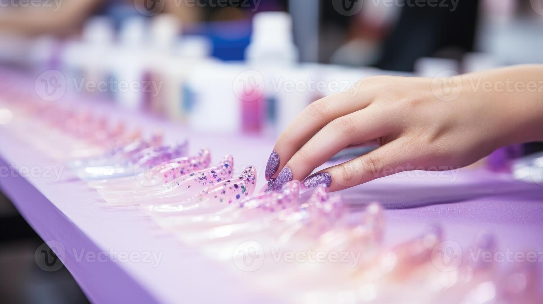 Closeup of a manicurists hands painting intricate nail designs for the runway show. photo