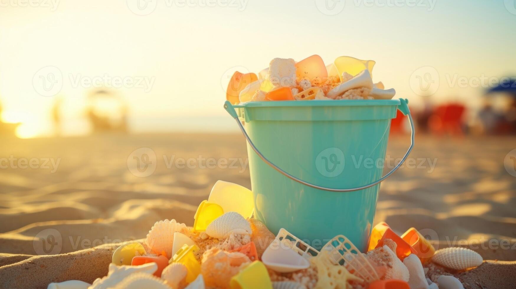 Closeup of a bucket filled with trash collected from a beach cleanup, representing efforts to keep the environment clean. photo