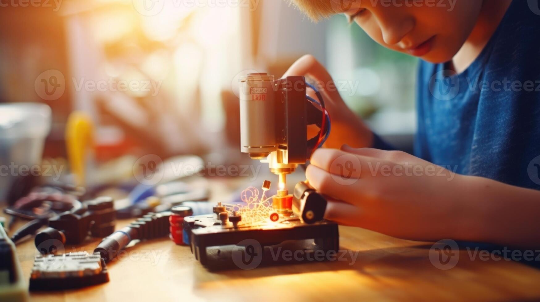 Closeup of a teens hand holding a soldering iron, while programming a robotic hand to grip objects. photo