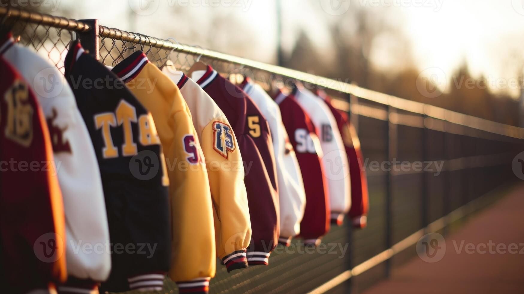 Closeup of a group of varsity jackets hanging on a fence, signifying the pride and sense of belonging that comes with being part of a sports community. photo