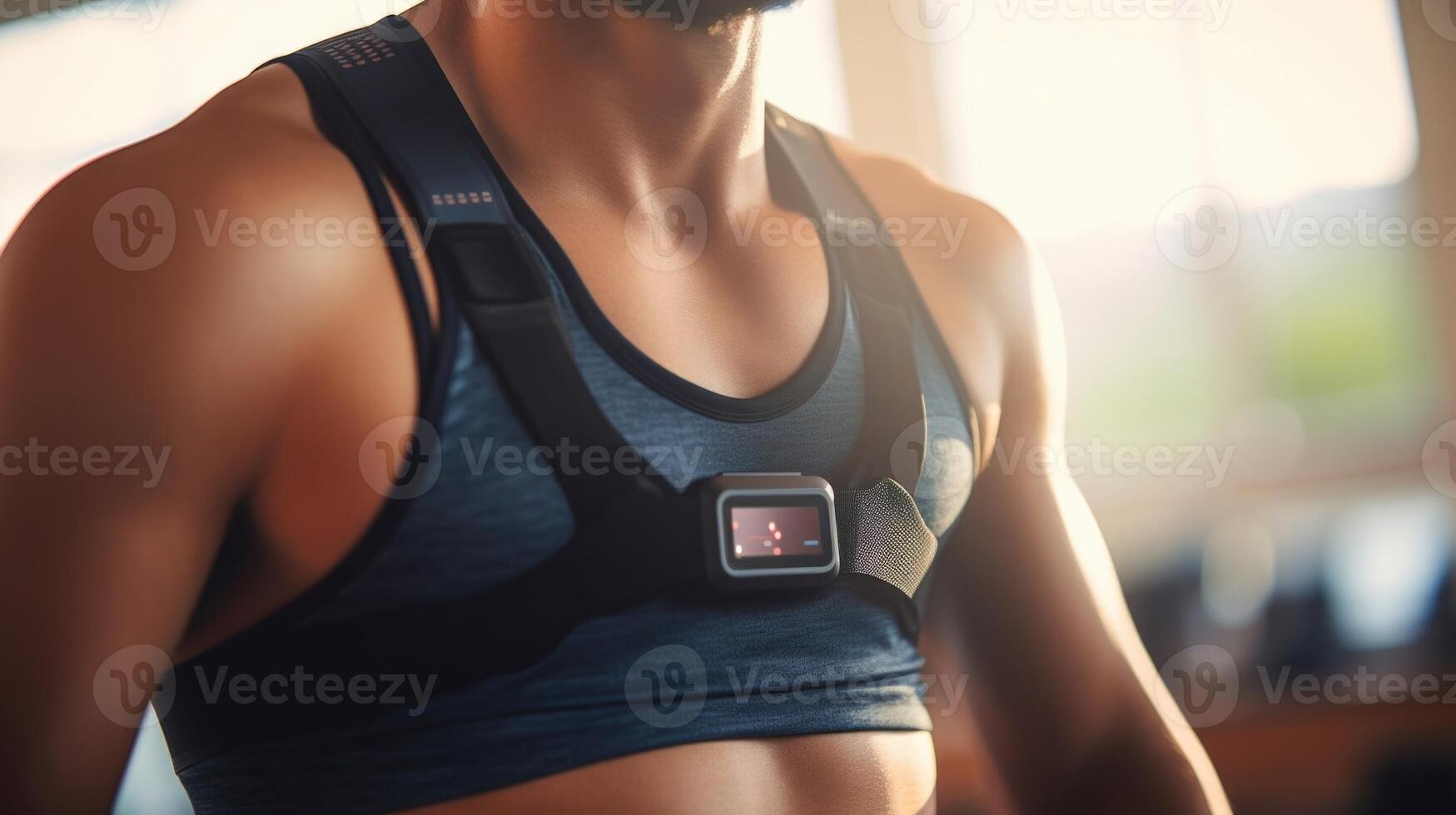 Closeup of a fitness tracker on a patients chest, monitoring their breathing and respiratory rate. photo