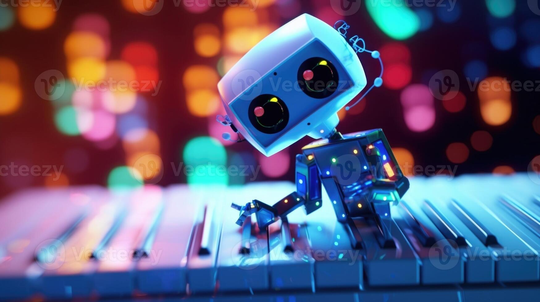 Macro shot of a small, vibrant robot creating music notes on a digital screen, representing kids using AI for music composition. photo