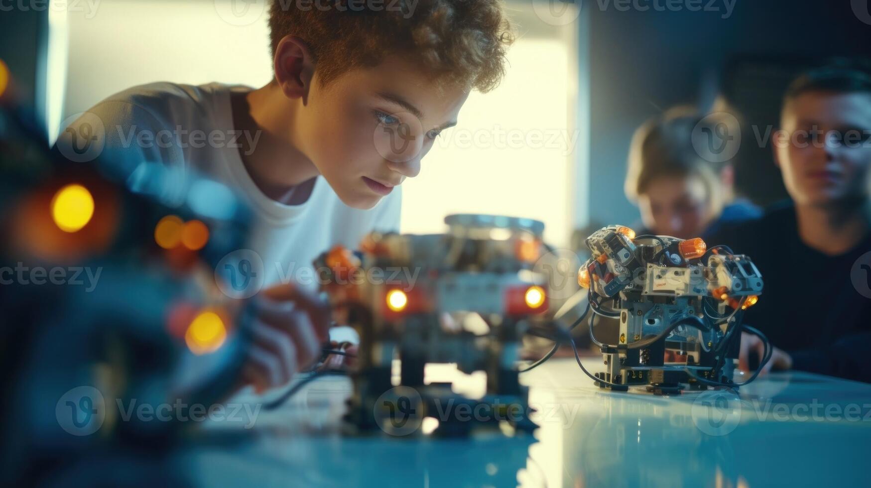 Closeup of a teens intense concentration as they finetune a robots motor movements. photo