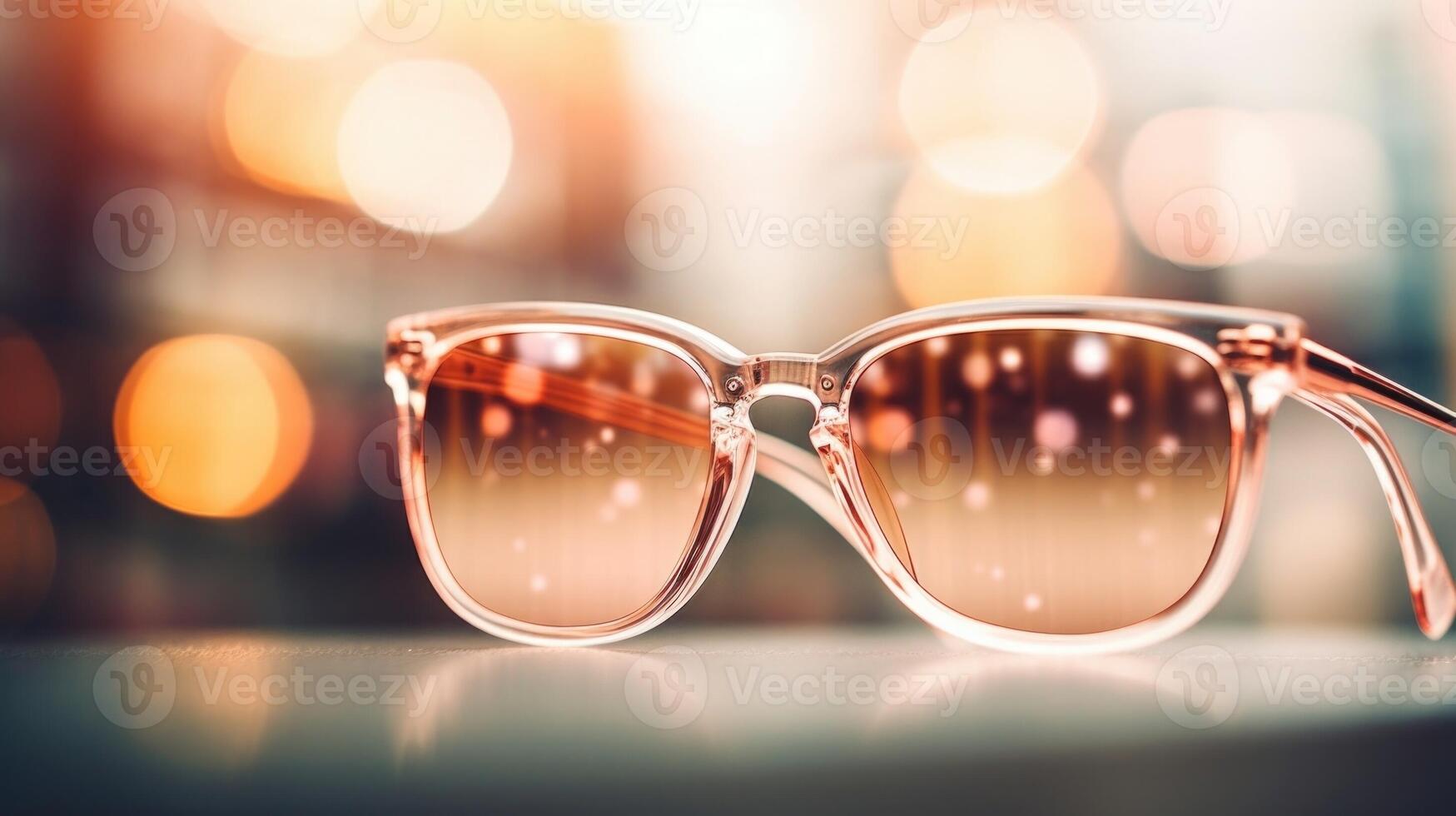 Closeup of a chic pair of rectangular sunglasses with wire frames and rose gold mirrored lenses. photo